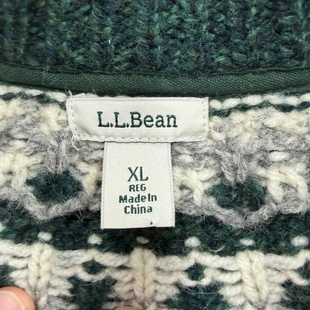 LL Bean Women XL Forest Green 100% Lambswool Fair Isle Full Zip Cardigan Sweater